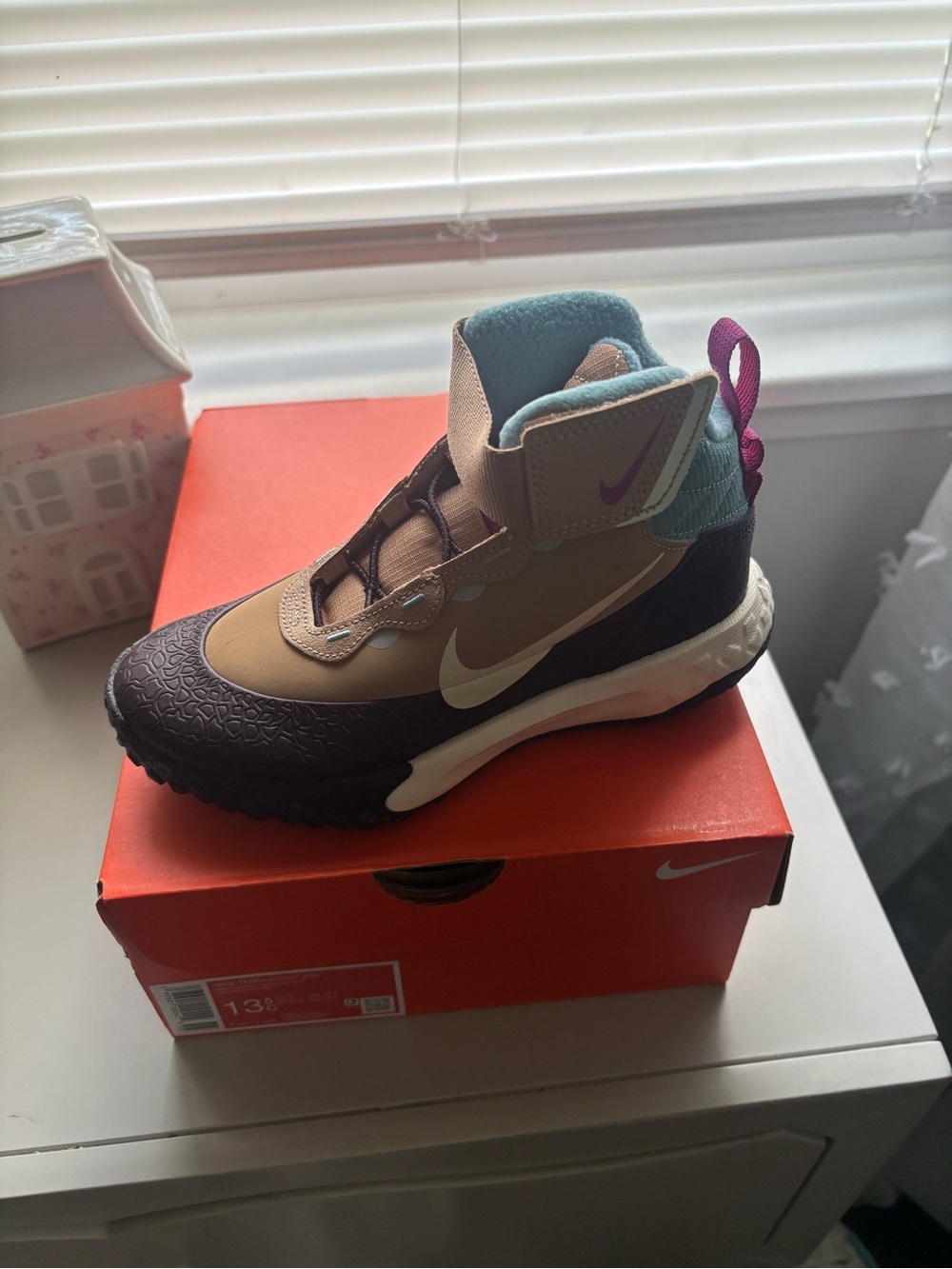 Nike Kids Mid-Top Sneaker — Tan, Black, Teal & Purple